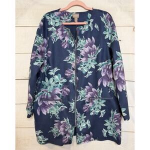 Chico's Size 3 Jacket‎ Blue With Purple Floral Print Silver Zipper